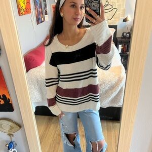 Striped Knit Sweater - Black, White, and Brown